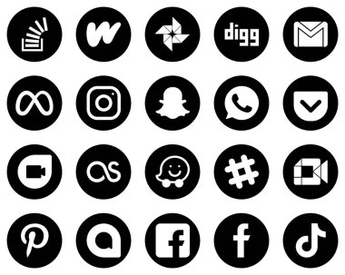 20 Customizable White Social Media Icons on Black Background such as whatsapp. gmail. meta and facebook icons. Clean and minimalist