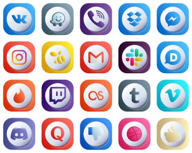 20 Cute 3D Gradient Social Media Icons for Popular Brands such as disqus. mail. fb. email and swarm icons. High-Quality and Elegant