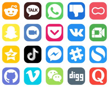Google gibi 20 Stil Sosyal Medya Simgesi buluşuyor. Snapchat ve VK simgeleri. Gradyan Sosyal Ortam Simgesi Paketi
