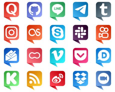 20 Modern Chat bubble style Social Media Icons such as peanut. kuaishou. instagram. slack and skype icons. Fully editable and versatile