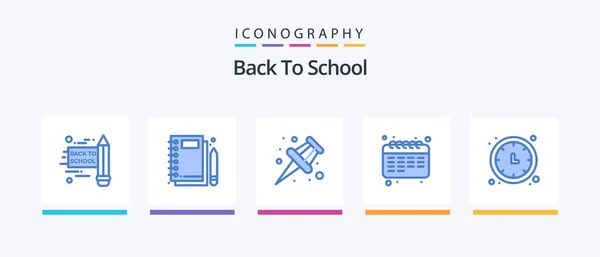Volver Escuela Paquete Iconos Azul Incluyendo Temporizador Tiempo Pin Reloj — Archivo Imágenes Vectoriales