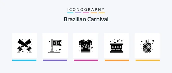 Braziliaanse Carnaval Glyph Icoon Pack Inclusief Eten Muziek Brazilië Hout — Stockvector