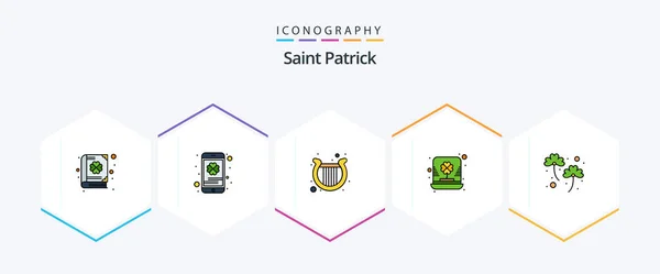 Saint Patrick Filledline Icon Pack Including Clover Leprechaun Harp Irish — Stock Vector