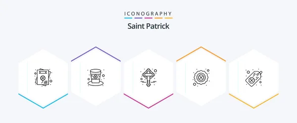 Saint Patrick Line Ikon Pack Inklusive Fyra Blad Klöver Tagg — Stock vektor