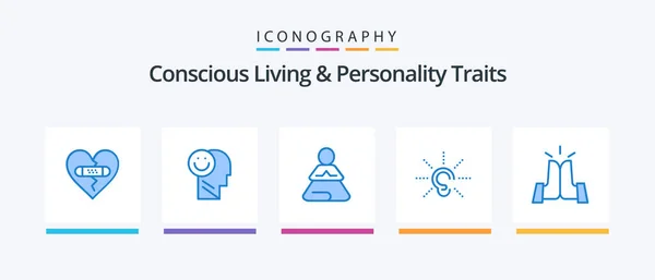 Concious Living Personality Traits Blue Icon Pack Including Hearing Ear — 图库矢量图片
