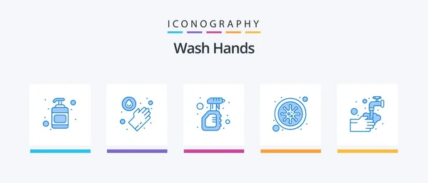 Wash Hands Blue Icon Pack Including Washing Hands Spray Blood — Stok Vektör