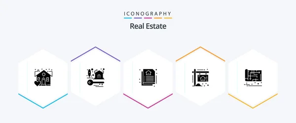Real Estate Glyph Icon Pack Including Map Home Estate Blueprint — стоковый вектор