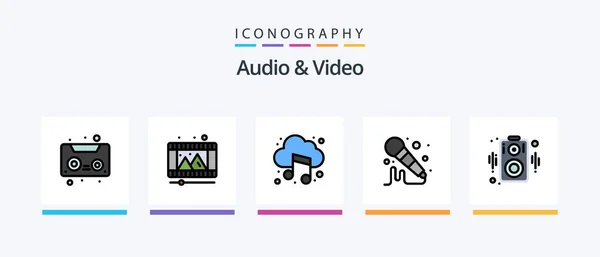 Audio Video Line Filled Icon Pack Including Reel Movie Audio — Stockový vektor