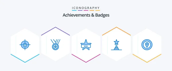 Achievements Badges Blue Icon Pack Including Prize Location Badges Performance — Stock Vector