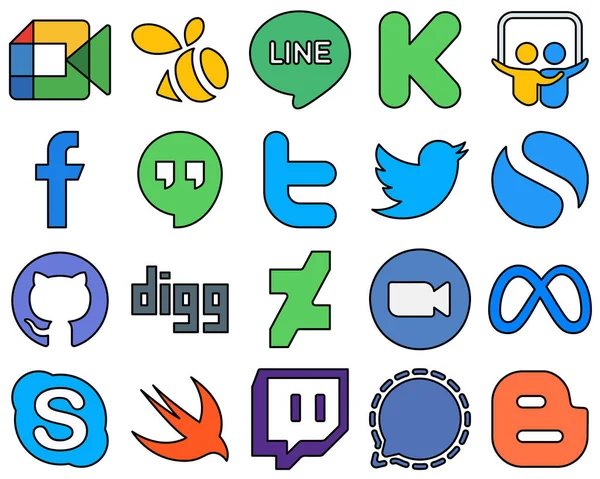 Uniquely Styled Line Filled Social Media Icons Deviantart Github Facebook — Stock Vector