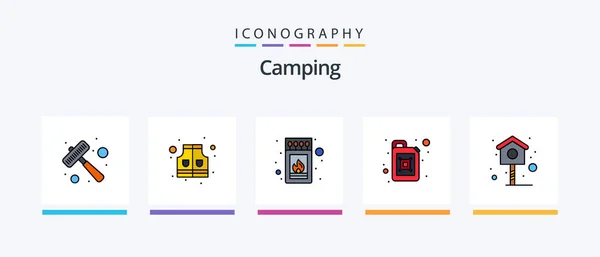 Camping Line Filled Icon Pack Including Lamp Cook Safety Camping — Vettoriale Stock