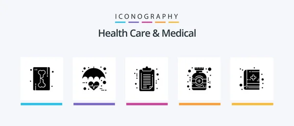 Health Care Medical Glyph Icon Pack Including Book Medicine Heart — стоковый вектор
