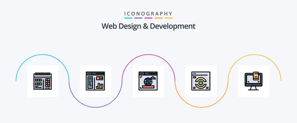 Web Design Development Line Filled Flat Icon Pack Including Monitor — ストックベクタ