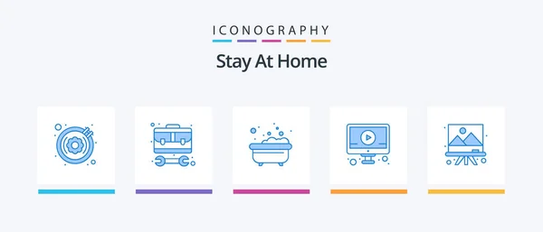 Stay Home Blue Icon Pack Including Art Tutorials Work Online — Vector de stock