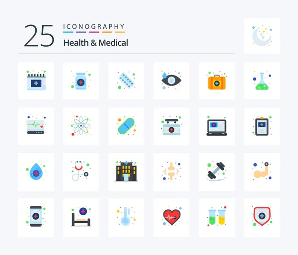 Health And Medical 25 Flat Color icon pack including lab. medicine. medicine. medical case. tear