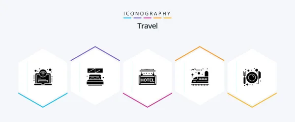 Travel Glyph Icon Pack Including Eat Transport Hotel Train Railroad — Vettoriale Stock