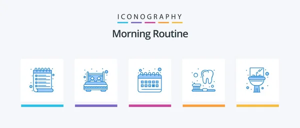 Morning Routine Blue Icon Pack Including Sink Teeth Sleep Cleaning — Stock Vector