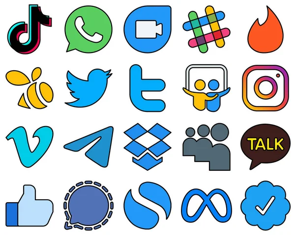 Innovative Line Filled Social Media Icons Video Tinder Meta Slideshare — Stok Vektör