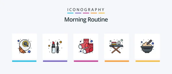 Morning Routine Line Filled Icon Pack Including Mark Checklist Lotion — Stockvector