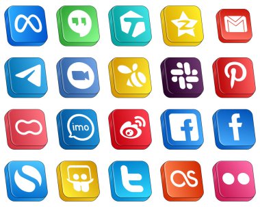 Isometric 3D Icons for Popular Social Media 20 pack such as swarm. meeting. email. video and icons. High-quality and modern