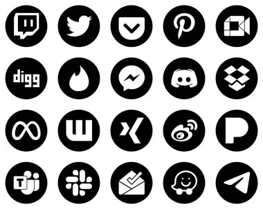 20 High-Resolution White Social Media Icons on Black Background such as dropbox. text. digg. message and fb icons. Versatile and professional