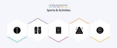 Spor ve Aktivite 25 Glyph simgesi paketi. Bilardo. Kriket ekipmanları. Stadyum. spor