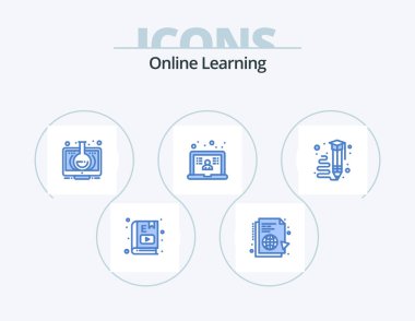 Çevrimiçi Öğrenme Mavi Simge Paketi 5 Simge Tasarımı. Okul. Bilgisayar. İnternet. online. öğrenme