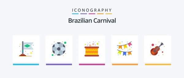 Pack Icônes Plat Carnaval Brésilien Incluant Musique Guitare Tambour Ornement — Image vectorielle