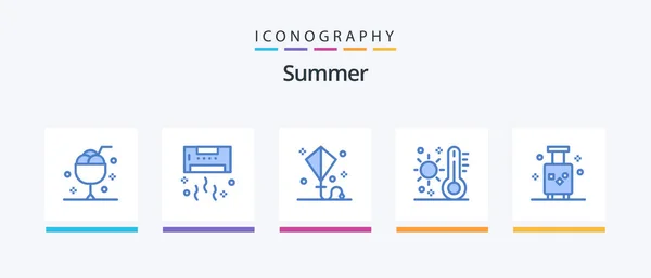 Summer Blue Icon Pack Including Summer Celsius Summer Toy Kite — ストックベクタ