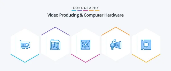 Video Producing Computer Hardware Blue Icon Pack Including Music Device — стоковый вектор