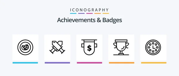 Achievements Badges Line Icon Pack Including Earth Achievement Creative Shield — Wektor stockowy
