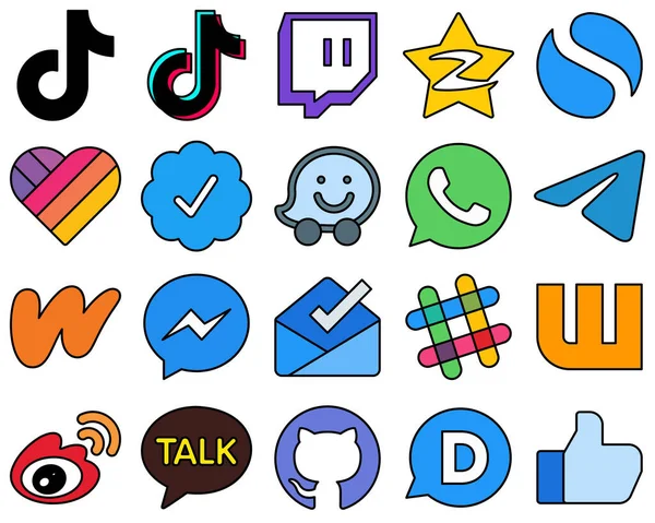 Elegant Line Filled Social Media Icons Wattpad Messenger Telegram Waze — Vetor de Stock