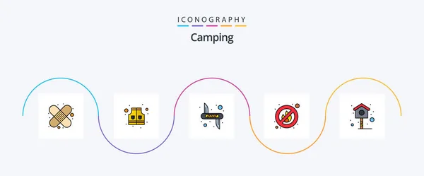 Camping Line Filled Flat Icon Pack Including House Weapon Bird — Archivo Imágenes Vectoriales