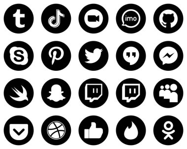 20 Attractive White Social Media Icons on Black Background such as pinterest. skype. meeting. github and video icons. High-quality and creative
