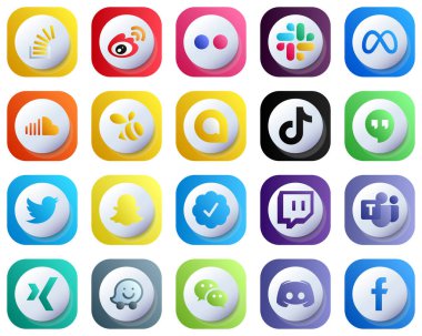 20 Cute 3D Gradient Stylish Social Media Icons such as google allo. music. flickr. sound and facebook icons. High-Definition and High-Quality