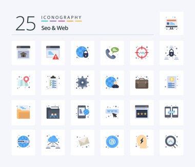 Seo & Web 25 Flat Color icon pack including target. man. global security. chat. web