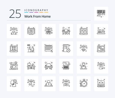 Work From Home 25 Line icon pack including workstation. monitor. web. chair. work home