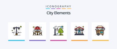 Şehir Elementleri Hattı klinik dahil 5 Simge Paketi doldurdu. Geçit. Nakliye. Parklar. Oturma masası. Yaratıcı Simgeler Tasarımı