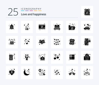 Dosyaları içeren 25 Solid Glyph simge paketini sevin. Romantizm. Romantik film. Evli. çift