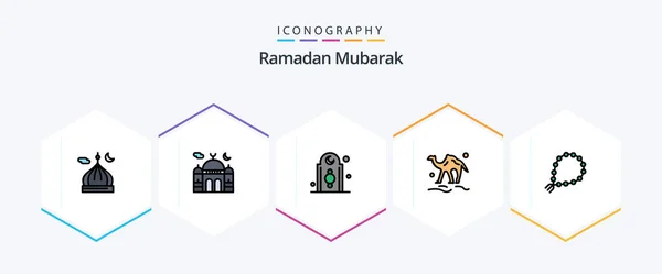 Ramadan Filledline Icon Pack Including Pray Misbaha Tower Arab Animal — Stockový vektor