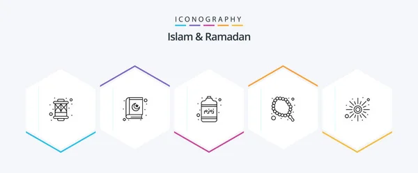 Islam Ramadã Pacote Ícones Linha Incluindo Tempo Subam Recipiente Tasbeeh — Vetor de Stock