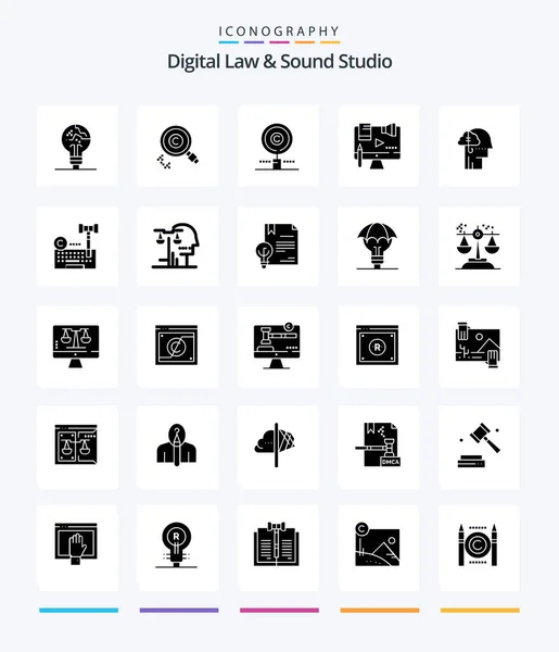 Creative Digital Law Sound Studio Glyph Solid Black Icoon Pack — Stockvector