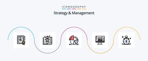 Strategy Management Line Filled Flat Icon Pack Including Report Business — Stock Vector