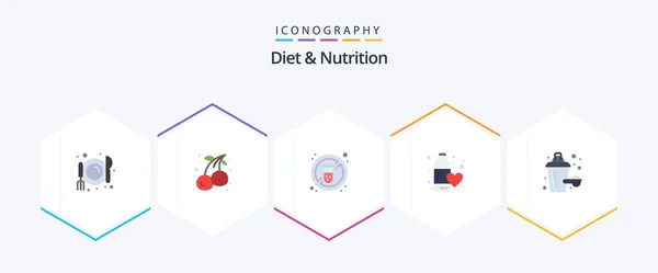 Dieet Voeding Flat Icon Pack Met Inbegrip Van Voedingssupplement Liefde — Stockvector