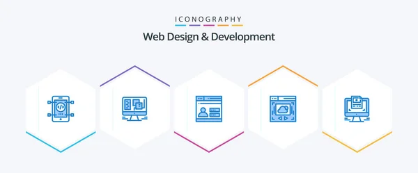 Diseño Desarrollo Web Paquete Iconos Azul Incluyendo Computadora Usuario Intercambio — Archivo Imágenes Vectoriales