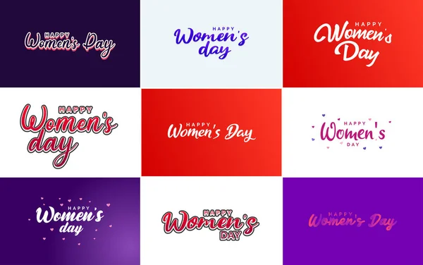 Pink Happy Women Day Typographical Design Elements Set Greeting Cards — Stok Vektör