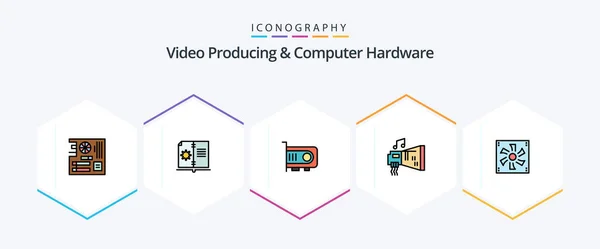 Video Producing Computer Hardware Filledline Icon Pack Including Music Device — Vetor de Stock
