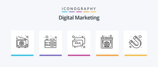 Digital Marketing Line Icône Pack Compris Idée Vidéo Marque Vidéo — Image vectorielle