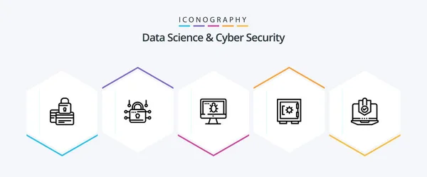 Пакет Значков Data Science Cyber Security Line Включая Безопасный Шкафчик — стоковый вектор