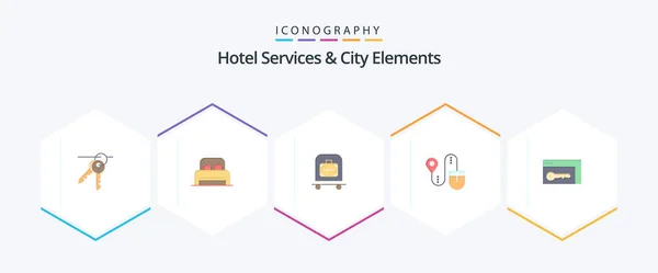 Hotel Services City Elements Flat Icon Pack Including Security Computer — Stock Vector